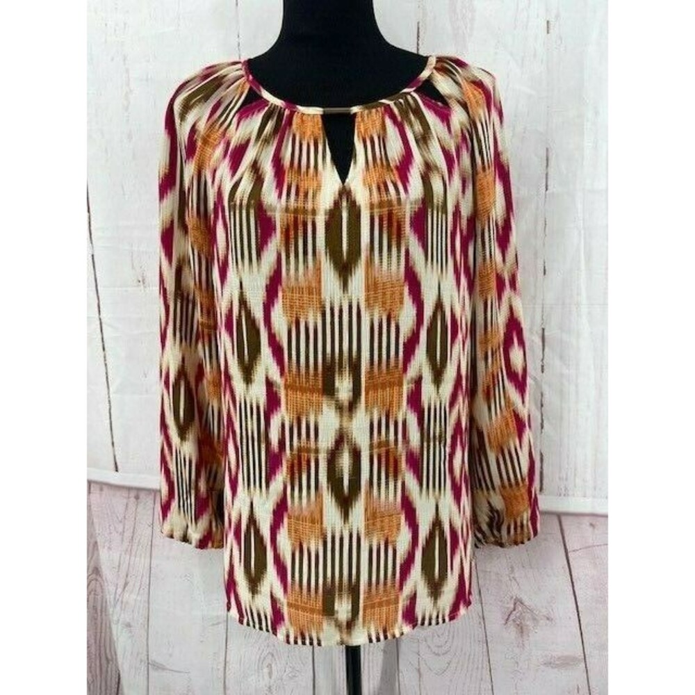 Chicos Womens Blouse Size 1 Pink Yellow Southwest Cutout Neckline Long Sleeves